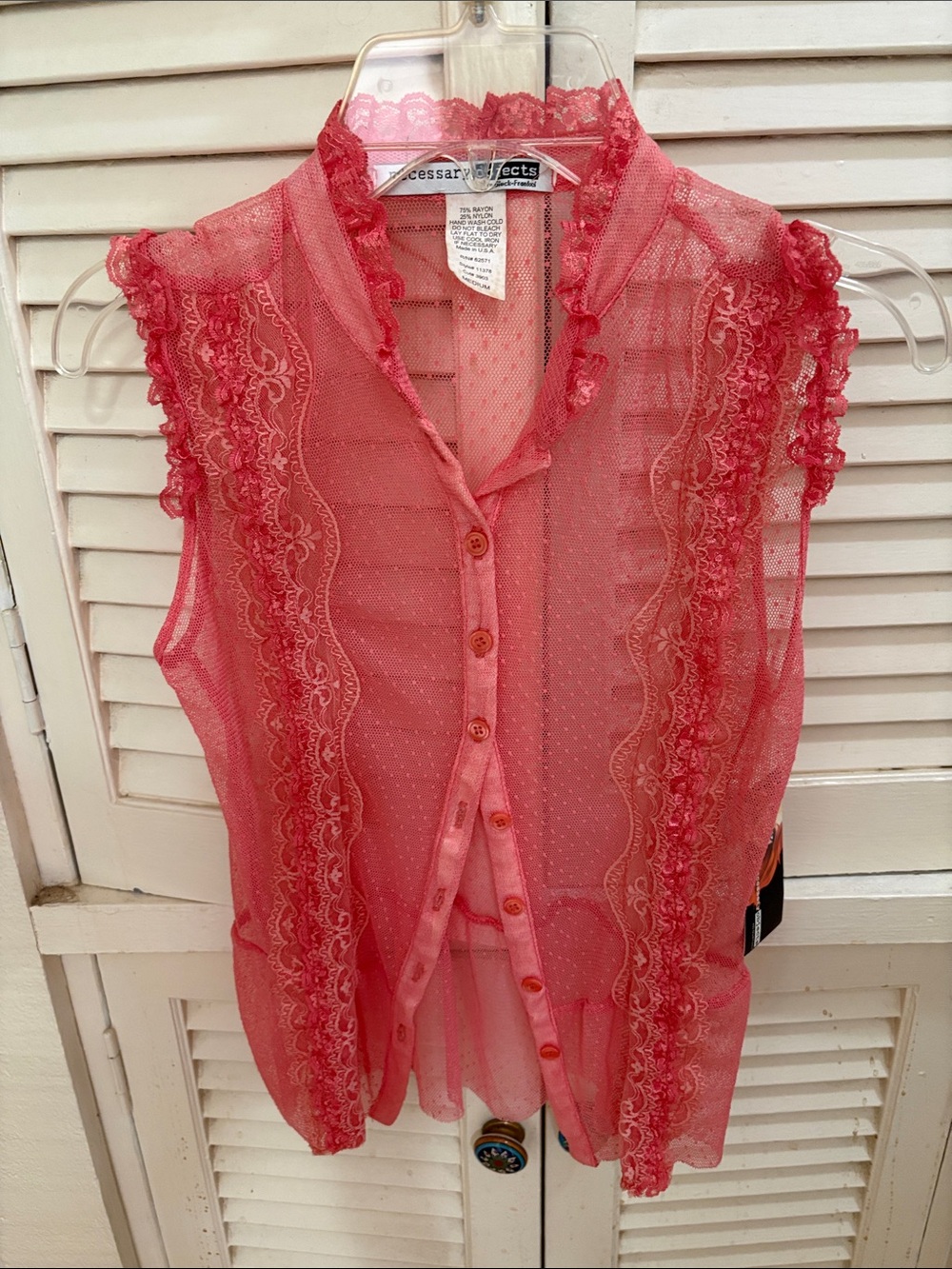 Necessary Objects Coral Lace Sheer Button-Front Camisole
